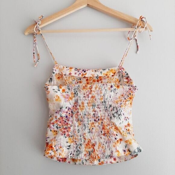 H&M 100% Linen Tie-Shoulder Floral Crop Fitted Camisole Top Smocked Back Sz XS - Picture 9 of 14